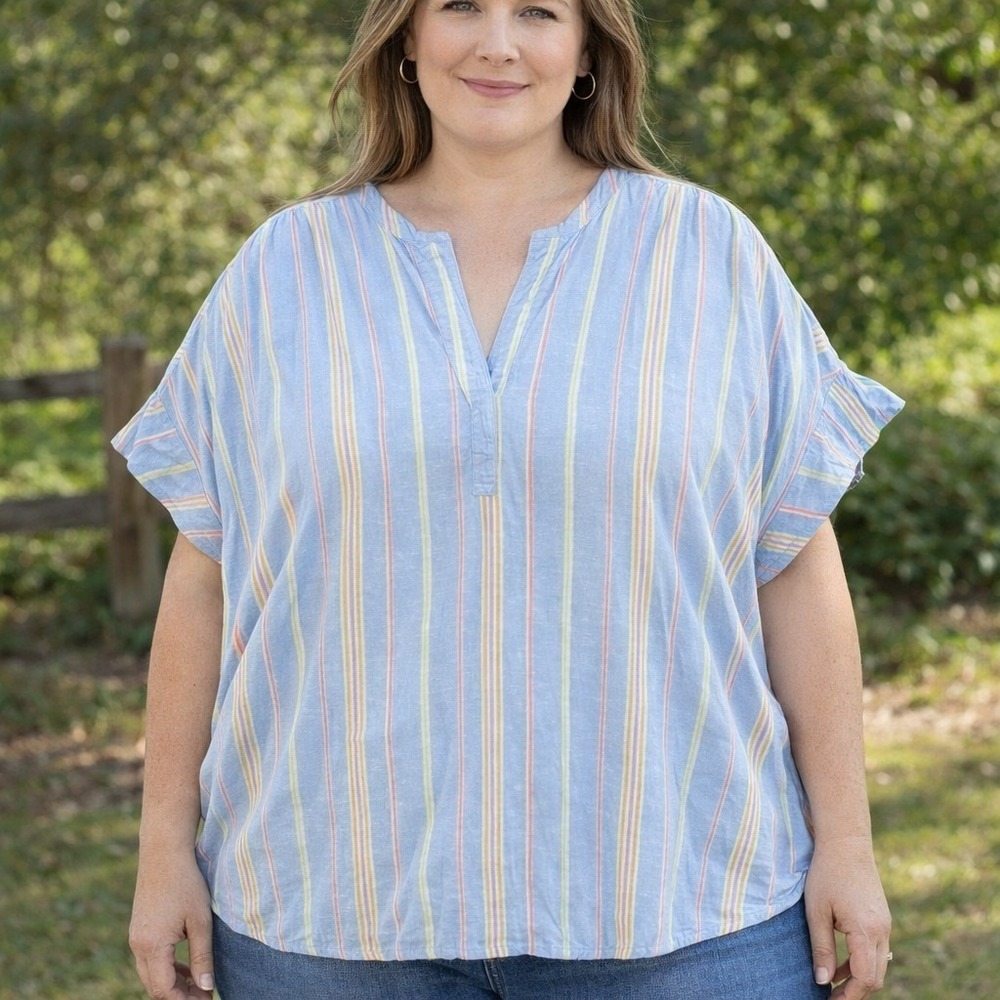 Crown &‎ Ivy Women's XXL Plus Linen Blend Blue-Striped Top Coastal Preppy Boho